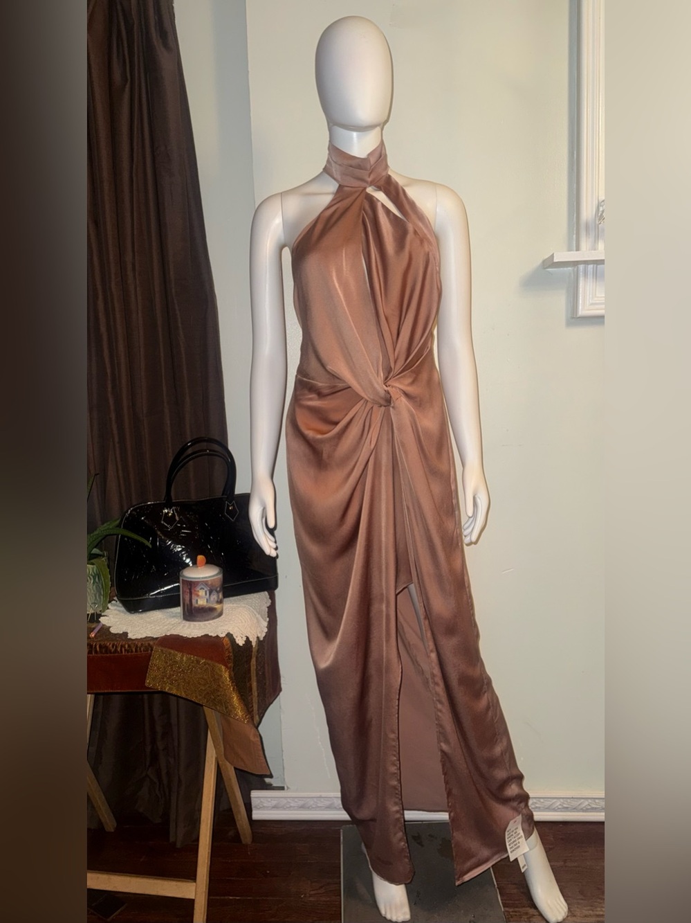 ASOS Rose Gold Satin Halter Maxi Dress with Twist Knot